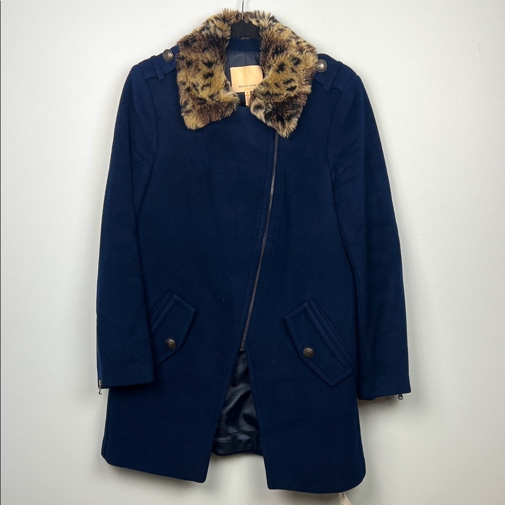 Rebecca Taylor size 8 faux fur animal print trim wool blend zipper sleeve coat